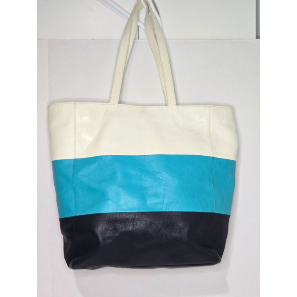 Talbots Leather Colorblock Shoulder Tote Bag | White Turquoise Navy
